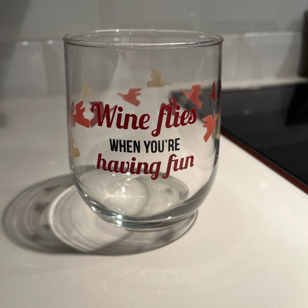 Stemless wine glass, “Wine flies when you’re having fun”